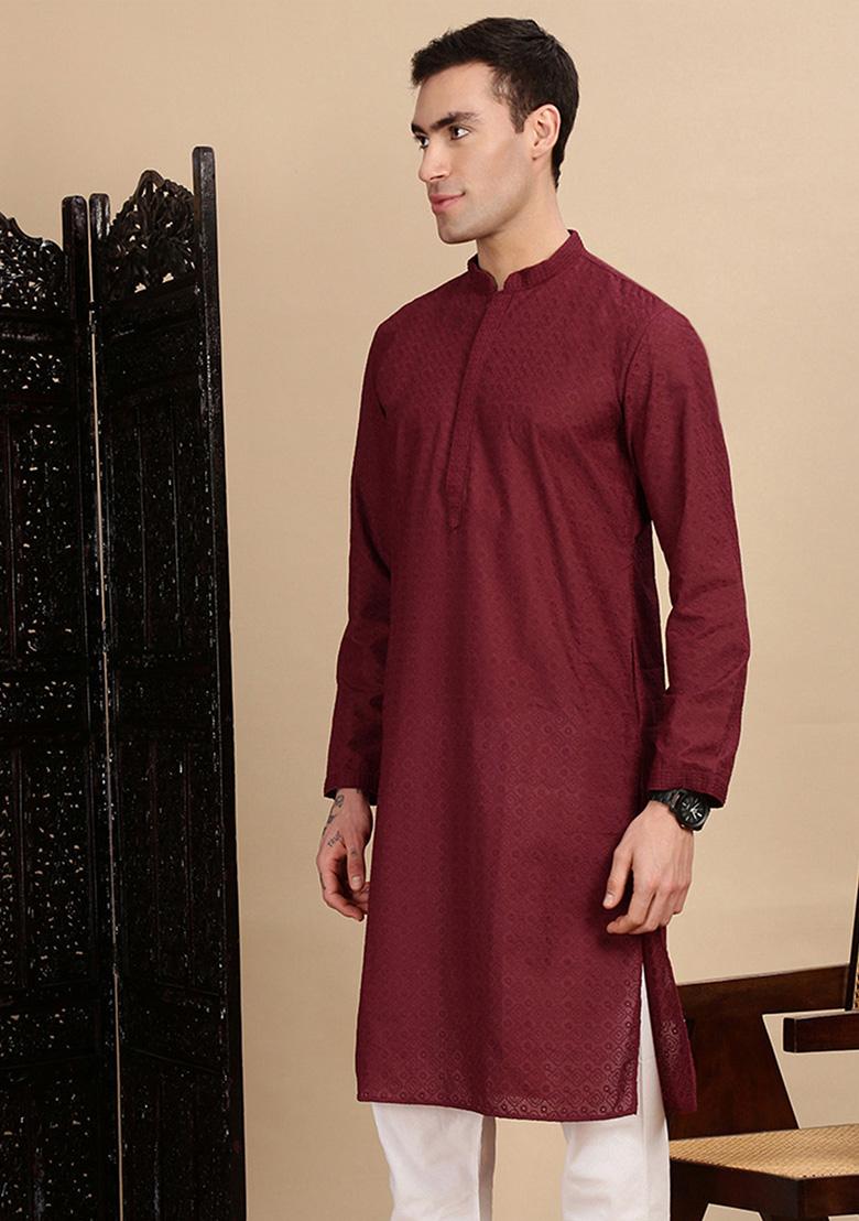 Maroon Chikankari Cotton Kurta For Men