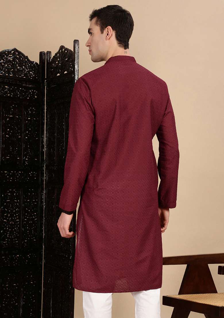 Maroon Chikankari Cotton Kurta For Men - Indya