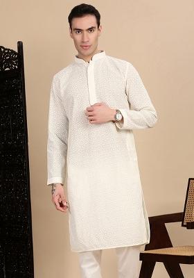 Off White Chikankari Cotton Kurta For Men