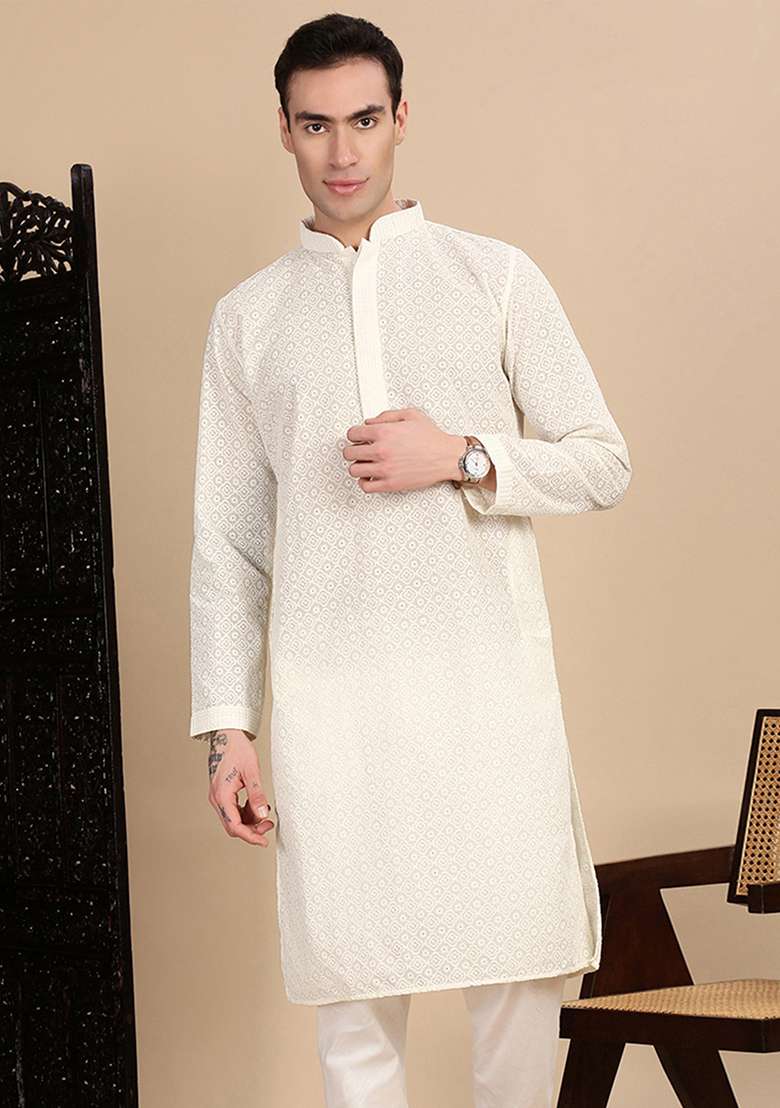 Off White Chikankari Cotton Kurta For Men - Indya