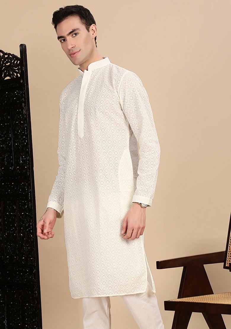 Off White Chikankari Cotton Kurta For Men