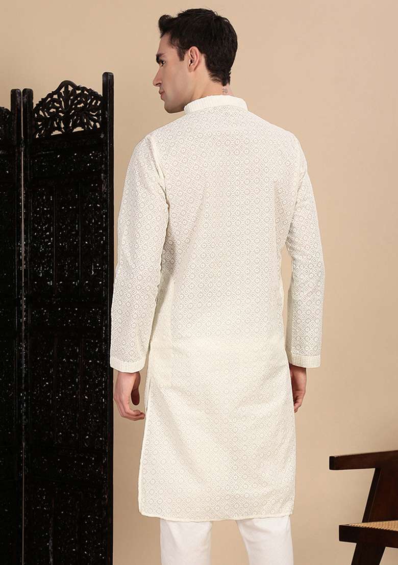 Off White Chikankari Cotton Kurta For Men - Indya