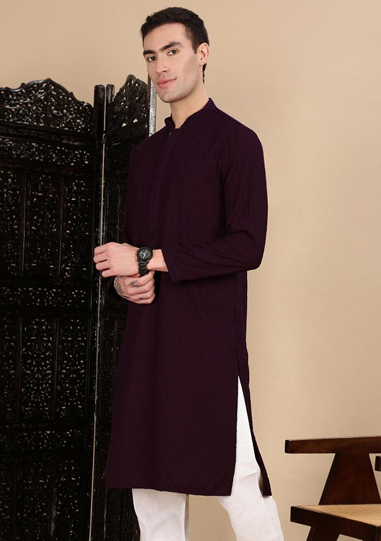 Purple Chikankari Cotton Kurta For Men