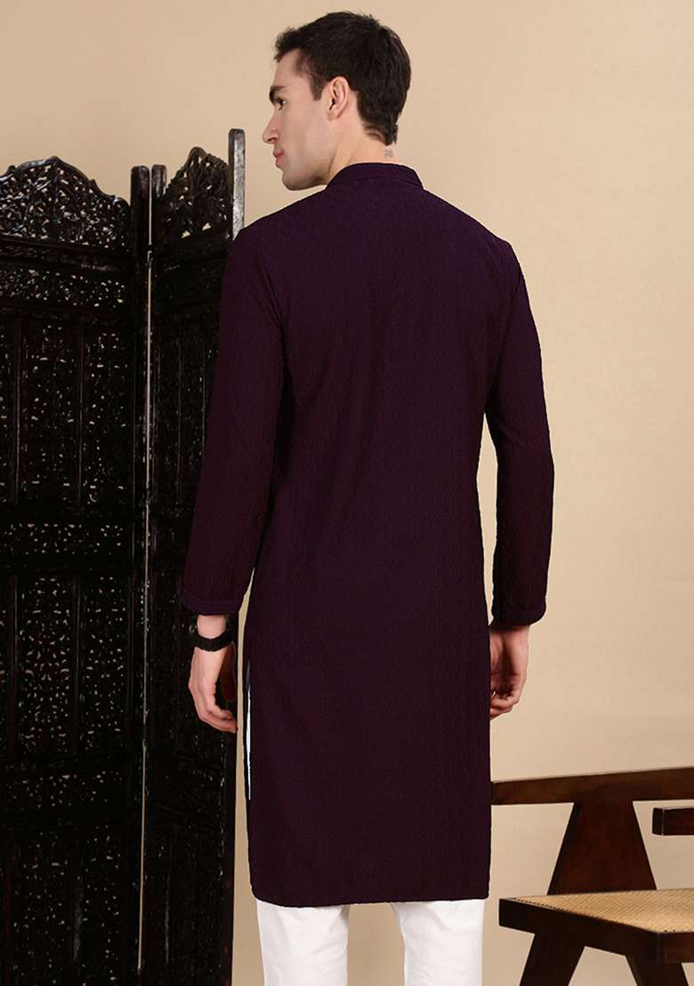 Purple Chikankari Cotton Kurta For Men - Indya