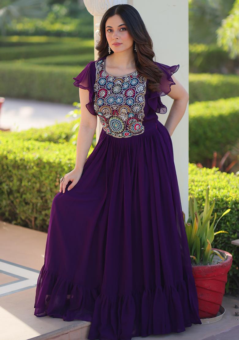 Purple Embroidered Georgette Kurti