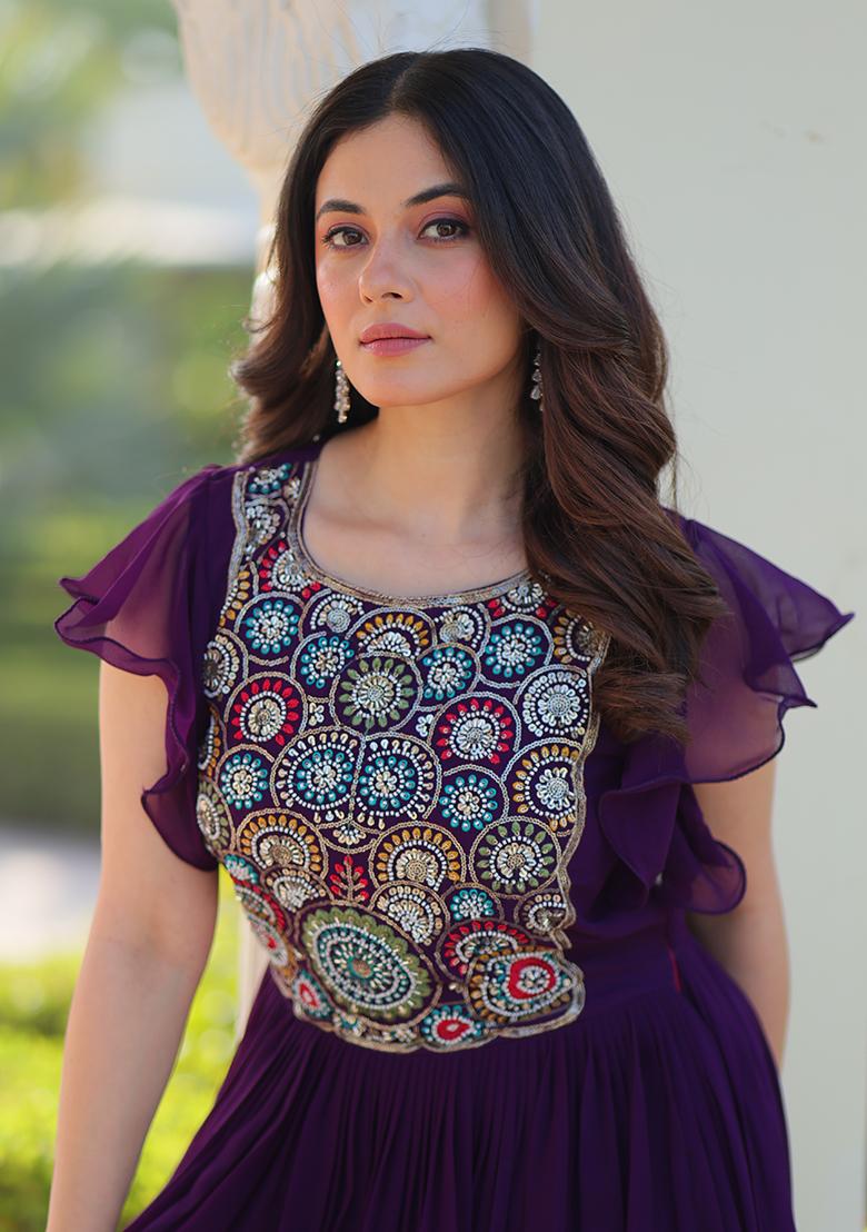 Purple Embroidered Georgette Kurti