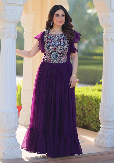 Purple Embroidered Georgette Kurti