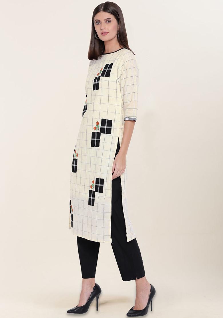 Cream Embroidered Cotton Kurta