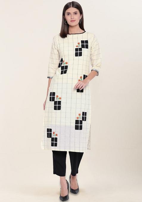 Cream Embroidered Cotton Kurta