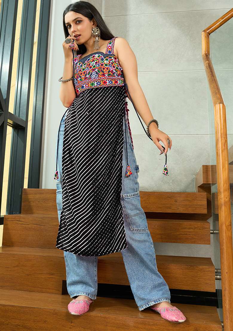 Black Embroidererd Georgette Kurti - Indya