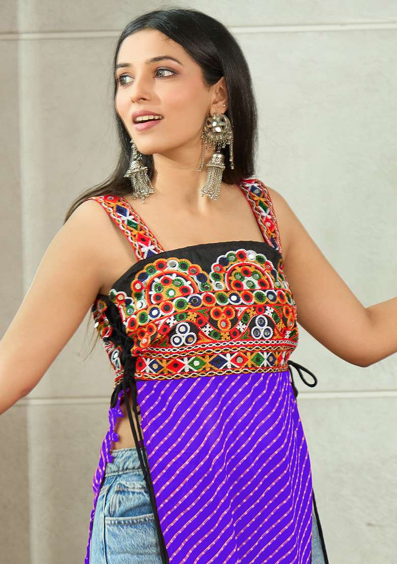 Purple Embroidererd Georgette Kurti - Indya