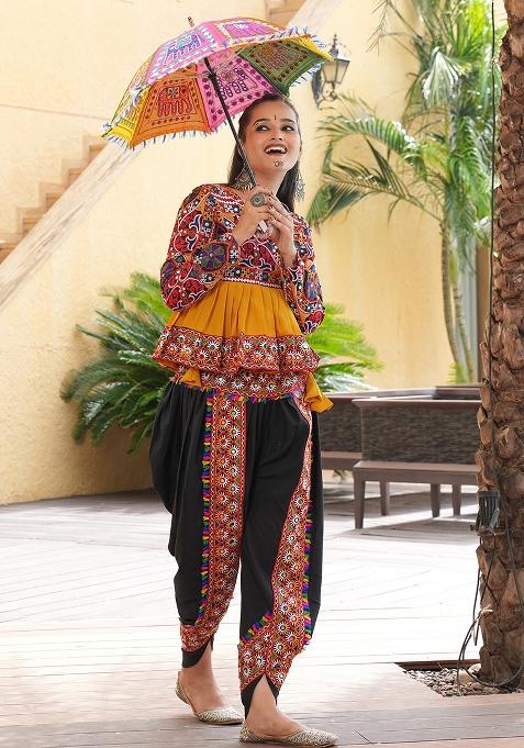 Yellow And Black Embroidererd Crepe Kurti