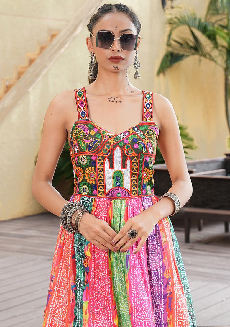 Multi Embroidererd Crepe Kurti - Indya