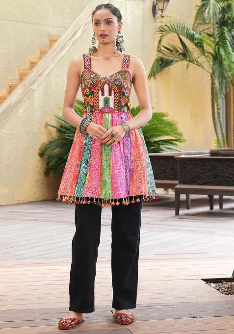 Multi Embroidererd Crepe Kurti