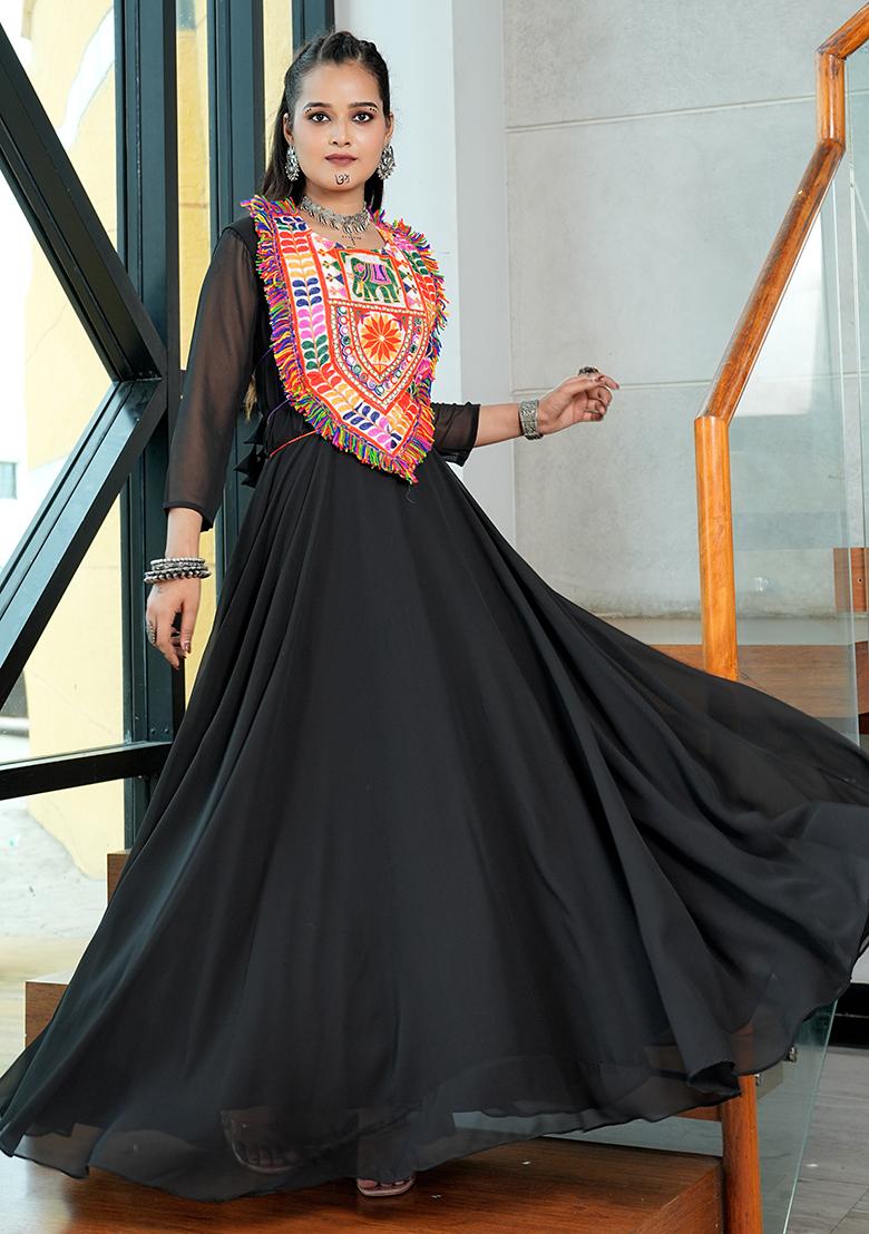 Black Embroidererd Georgette Kurti - Indya