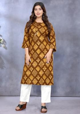 Yellow Printed Rayon Kurta