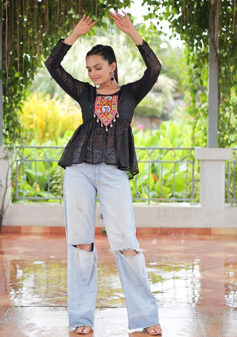 Black Embroidered Georgette Top Set - Indya