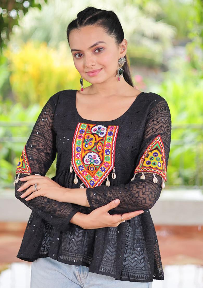 Black Embroidered Georgette Top Set - Indya