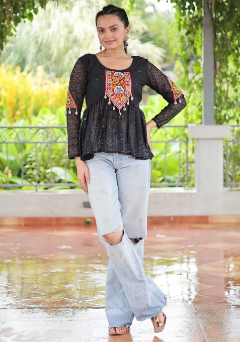 Black Embroidered Georgette Top Set