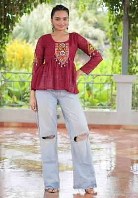 Maroon Embroidered Georgette Top Set