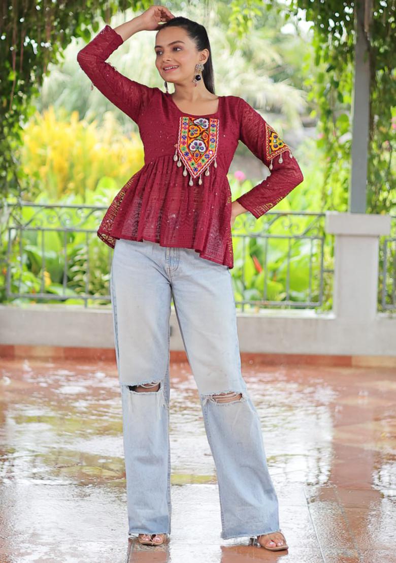 Maroon Embroidered Georgette Top Set - Indya