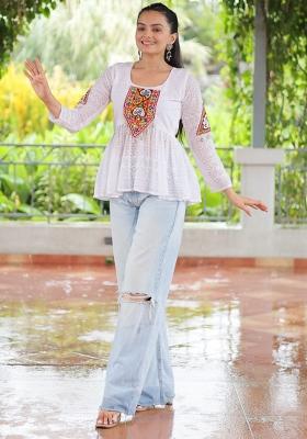 White Embroidered Georgette Top Set