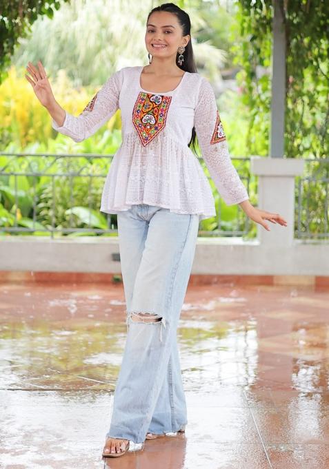 White Embroidered Georgette Top Set