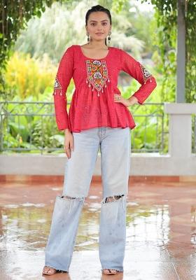 Pink Embroidered Georgette Top Set