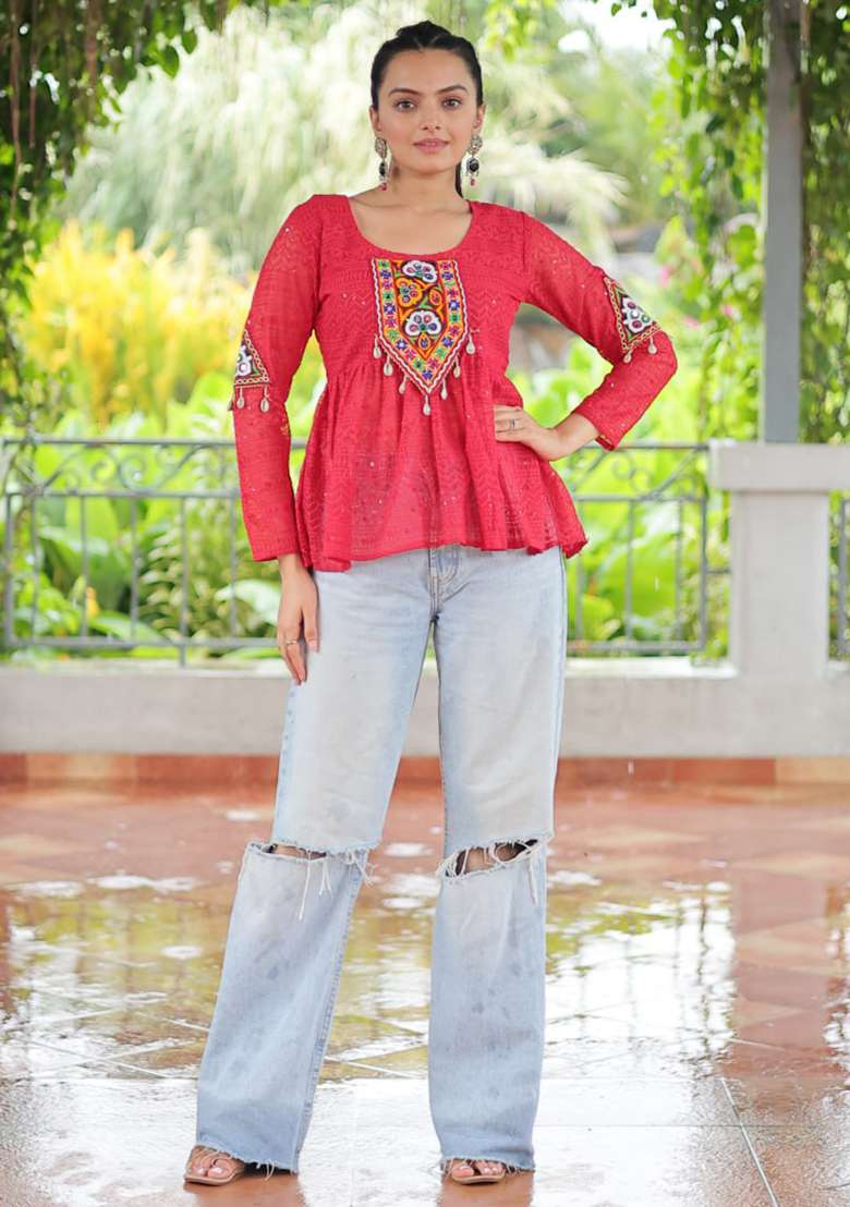 Pink Embroidered Georgette Top Set - Indya