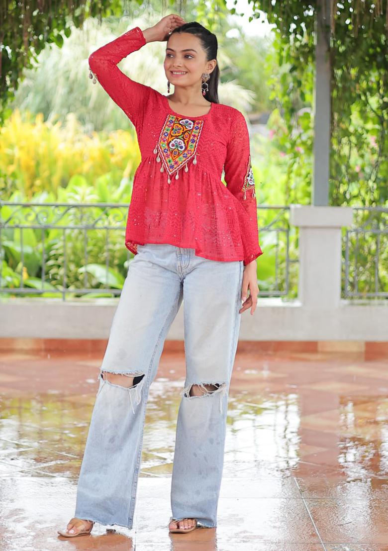 Pink Embroidered Georgette Top Set - Indya