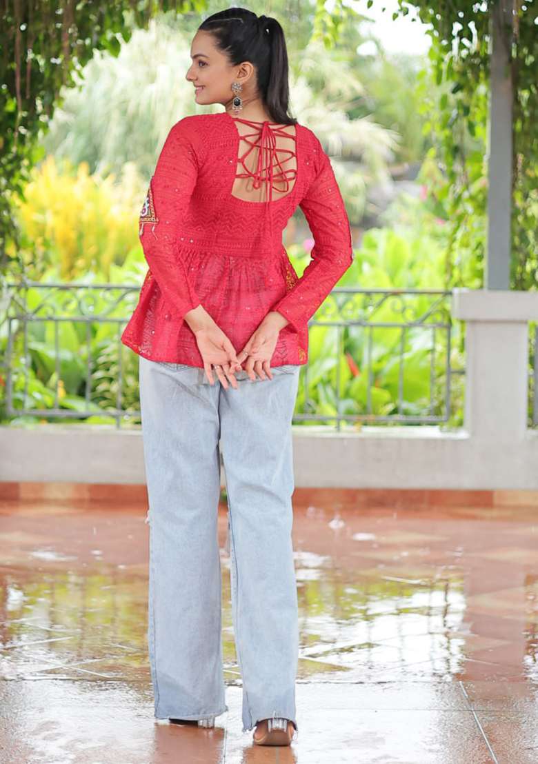 Pink Embroidered Georgette Top Set - Indya