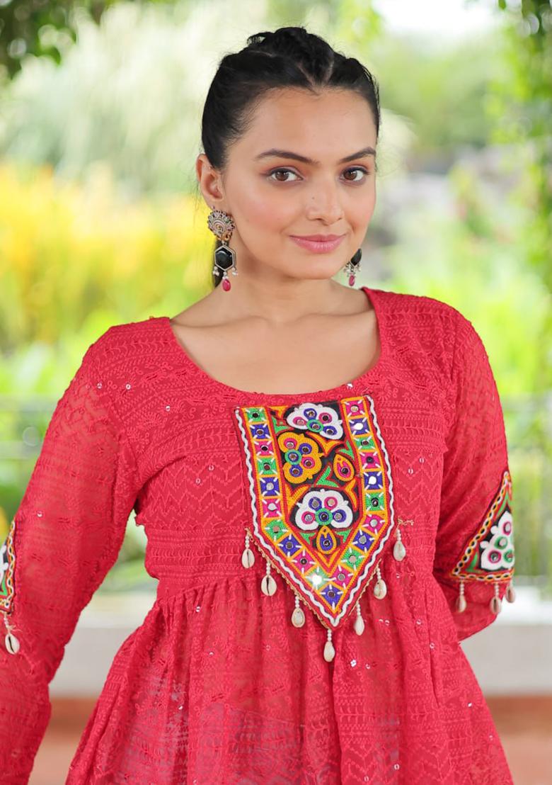 Pink Embroidered Georgette Top Set - Indya