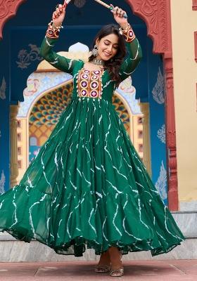 Green Georgette Laheriya Print Kutchi Patchework Navaratri Gown