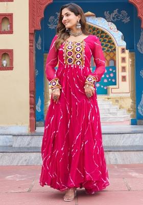 Pink Georgette Laheriya Print Kutchi Patchework Navaratri Gown