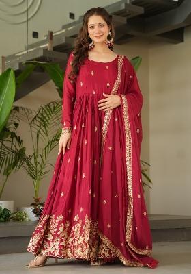 Maroon Chinon Silk Embroidered Zari Gown With Dupatta