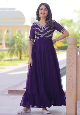 Purple Georgette Multithreaded Beads Embroidered Gown