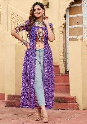 Violet Georgette Bandhani Print With Kutchi Patchework Navaratri Kurti