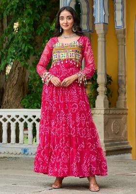 Pink Georgette Bandhani Print With Kutchi Patchework Navaratri Gown