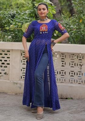 Blue Georgette Bandhani Print With Kutchi Patchework Navaratri Kurti