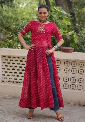 Pink Georgette Bandhani Print With Kutchi Patchework Navaratri Kurti