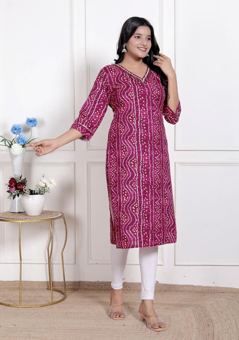 Magenta Bandhani Rayon Kurti - Indya
