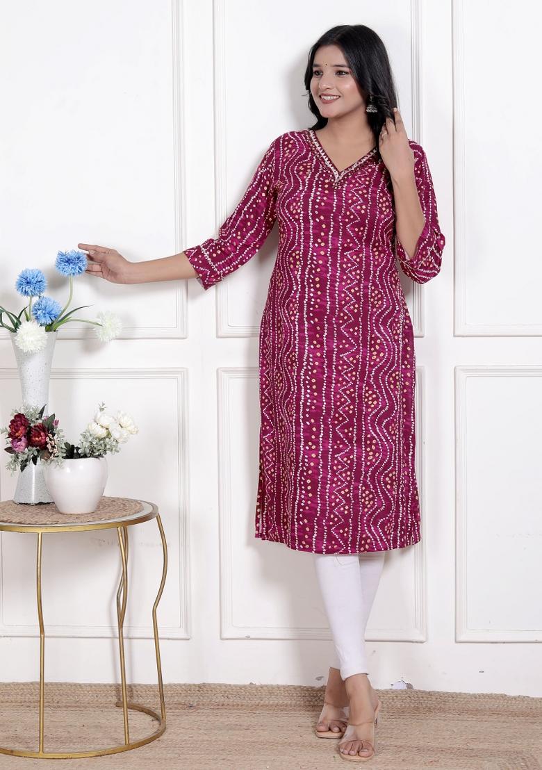 Magenta Bandhani Rayon Kurti - Indya