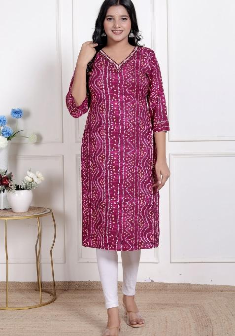 Magenta Bandhani Rayon Kurta