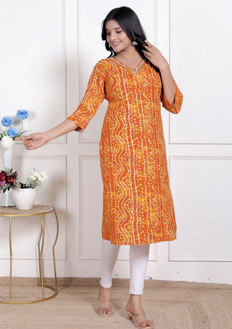 Yellow Bandhani Rayon Kurti - Indya