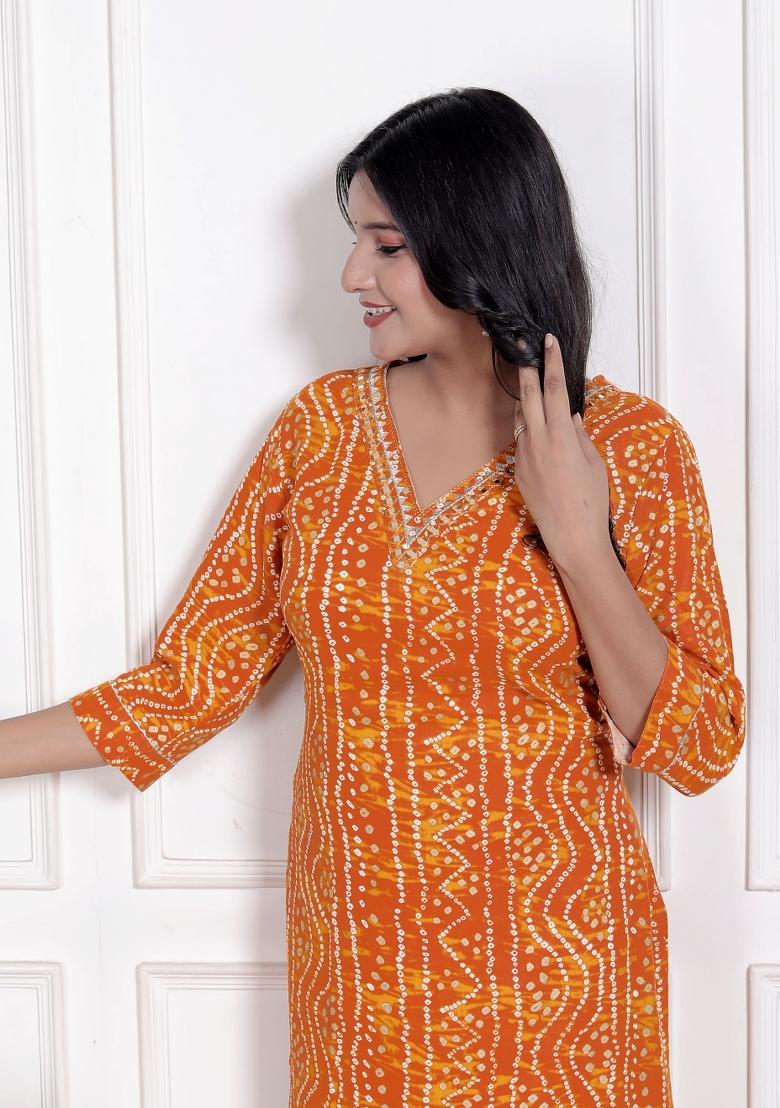 Yellow Bandhani Rayon Kurti - Indya