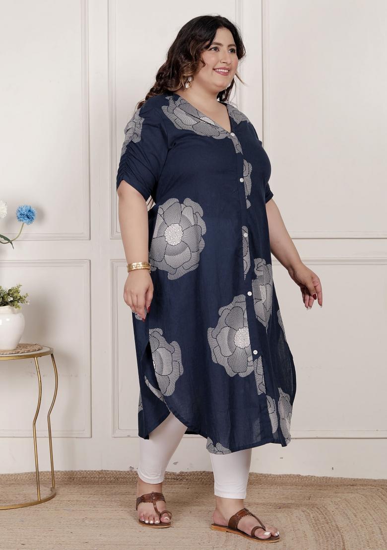 Blue Floral Cotton Kurta - Indya