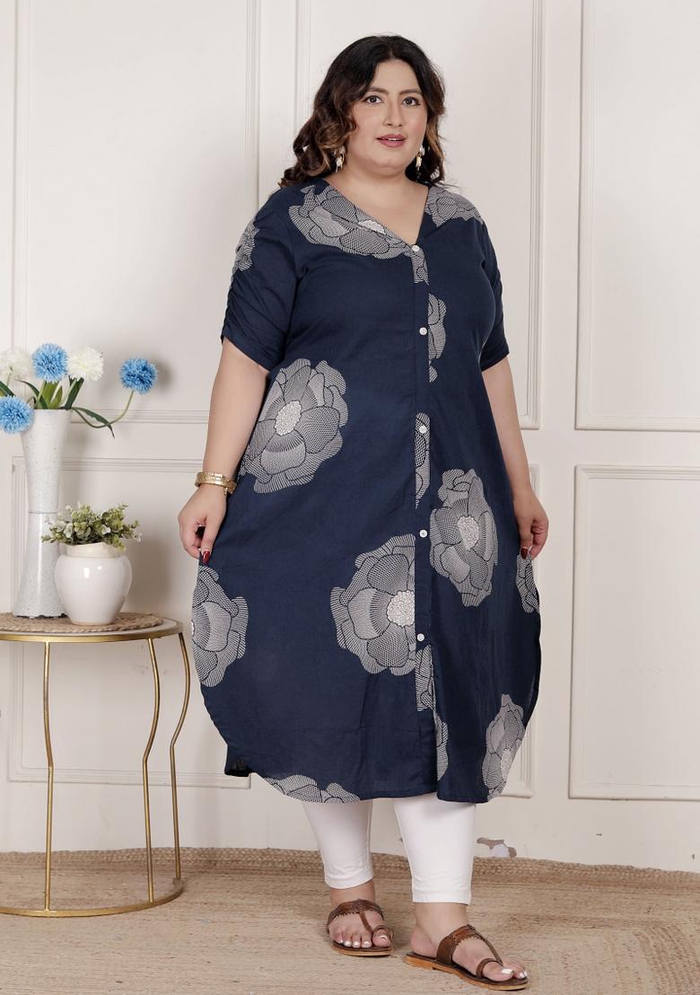 Blue Floral Cotton Kurta - Indya
