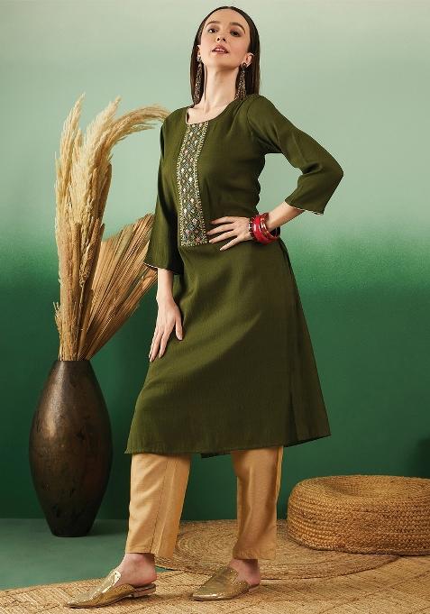 Olive Green Embroidered Cotton Kurti