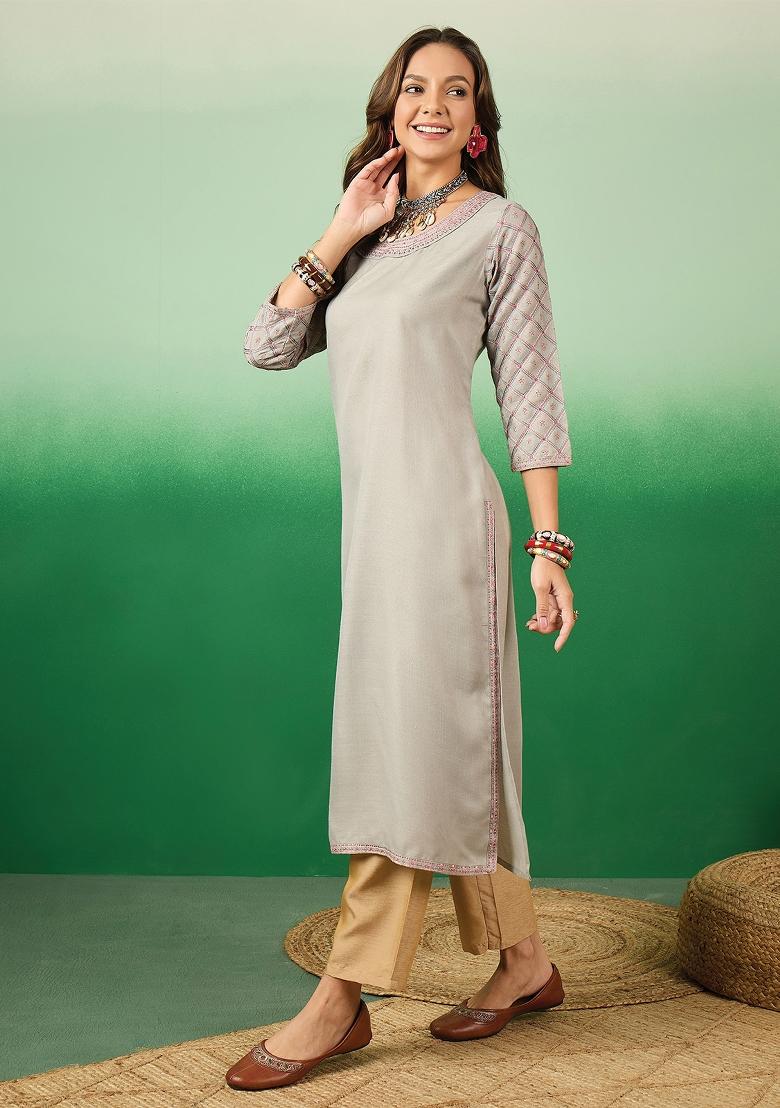 Light Grey Solid Cotton Kurti - Indya