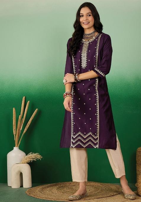 Wine Jari Work Cotton Kurti